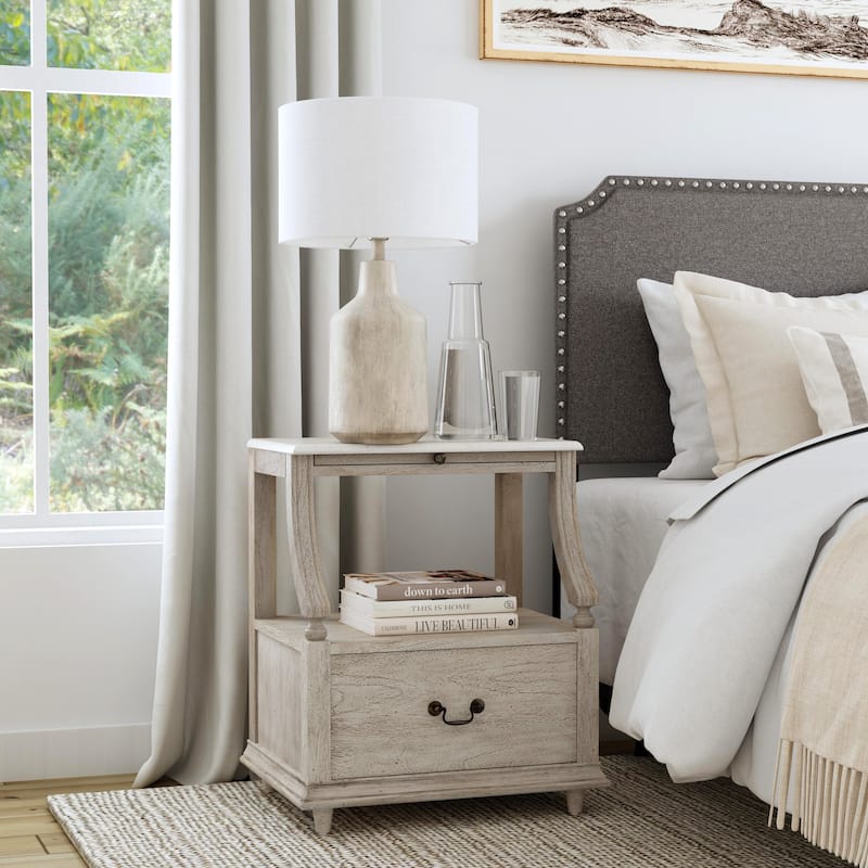 Mabel Genuine Marble and Wood 1-Drawer Nightstand - Grey