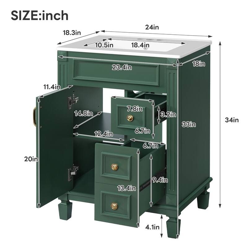 24" Bathroom Vanity with Ceramic Sink and 2 Drawers, Adjustable Shelf