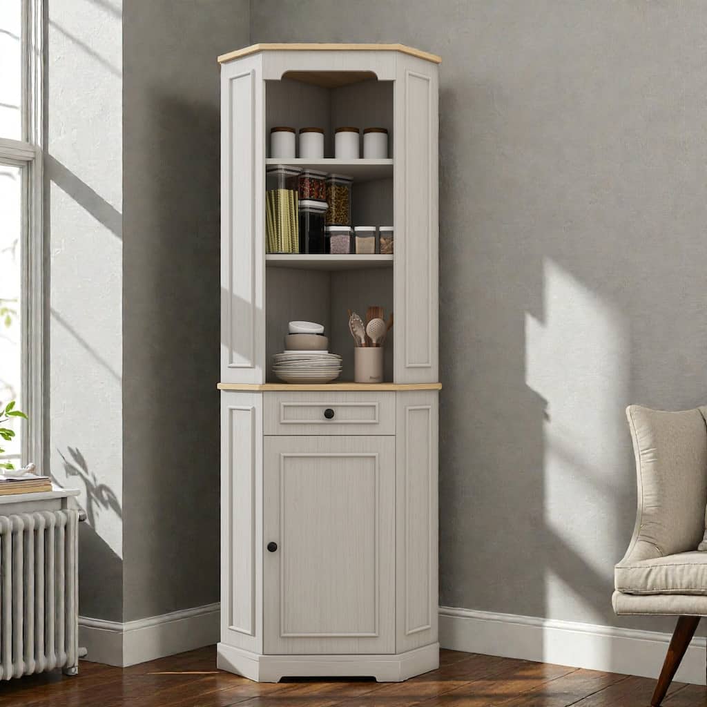 68" Tall Corner Cabinet, Freestanding Corner Storage Cabinet with Door, Drawer & Adjustable Shelf, Farmhouse Space-Saving Hutch