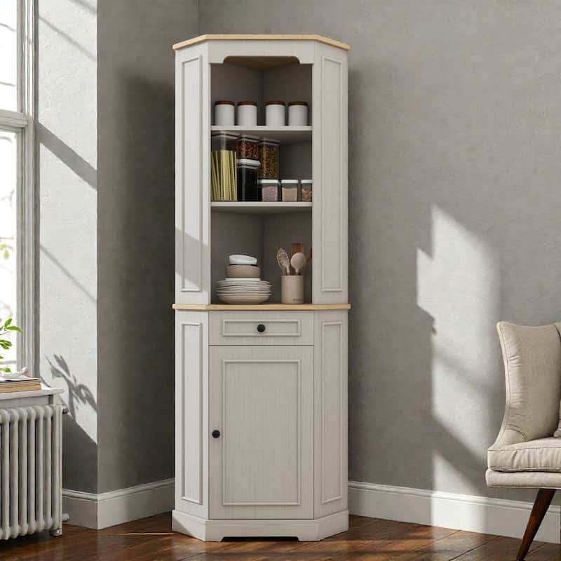 68" Tall Corner Cabinet, Freestanding Corner Storage Cabinet with Door, Drawer & Adjustable Shelf, Farmhouse Space-Saving Hutch - Antique White