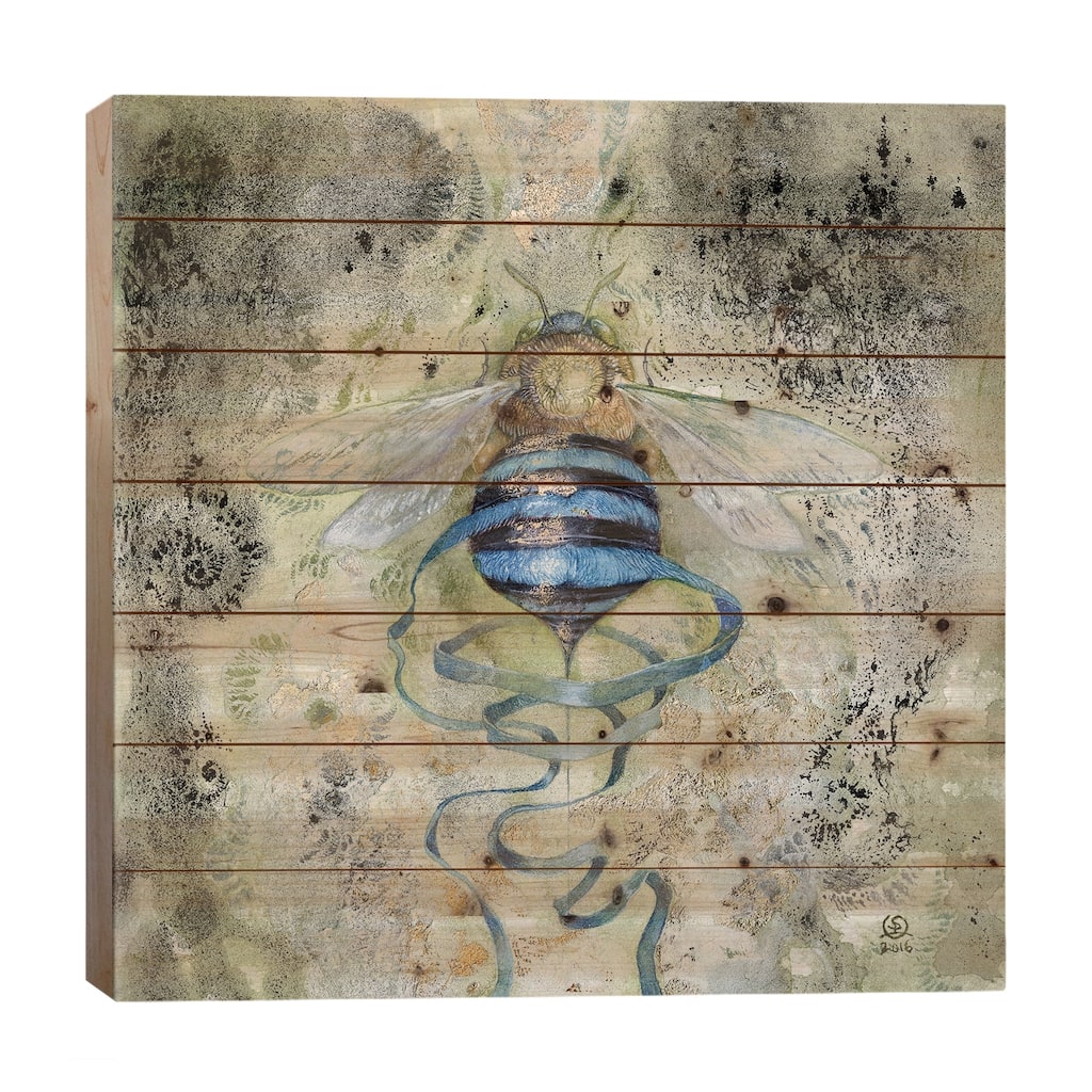 Blue Bee Print On Wood by Stephanie Law - Multi-Color