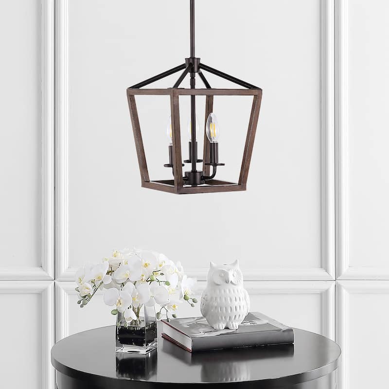 Oria Iron Farmhouse Industrial Lantern LED Pendant, Oil Rubbed Bronze/Faux Wood by JONATHAN Y