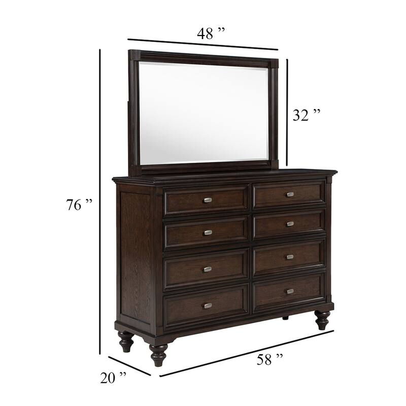Meon Wide Dresser with Mirror, 8 Drawers, Classic Dark Oak Brown Wood
