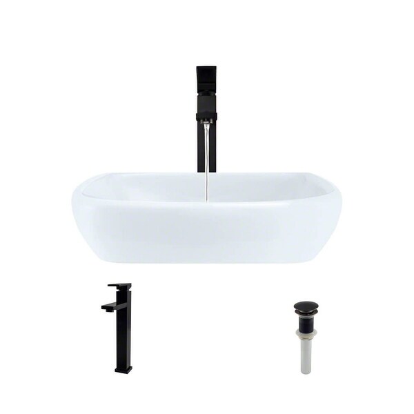 Rene R2-5011-W-R9-7003 16-1/2" Porcelain Vessel Bathroom Sink with Vessel Faucet and Vessel Pop-Up Drain