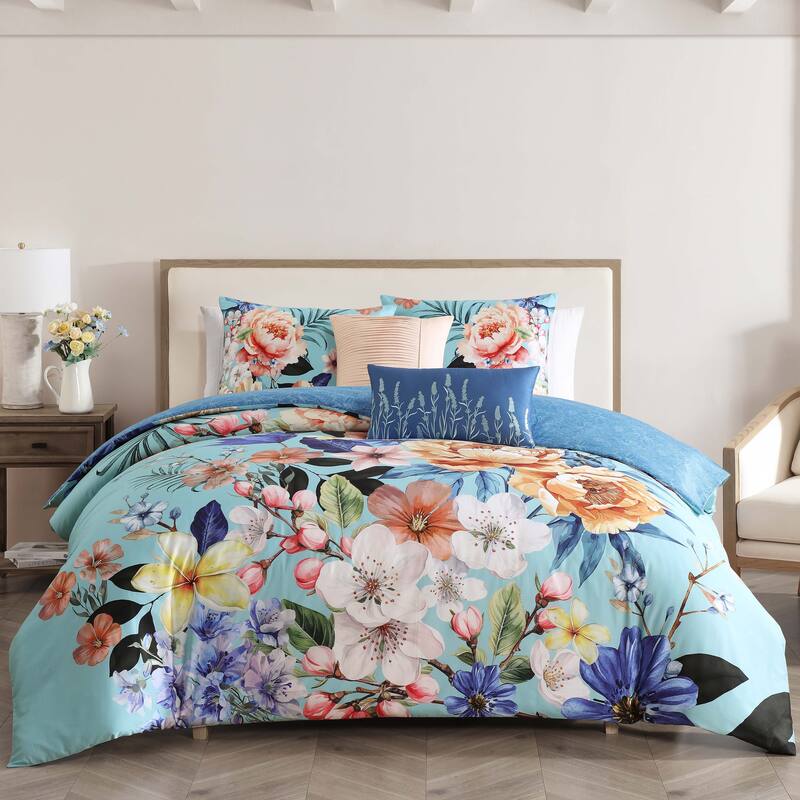 Bebejan Turquoise Reverie 100% Cotton Sateen 5 Piece Reversible Comforter Set