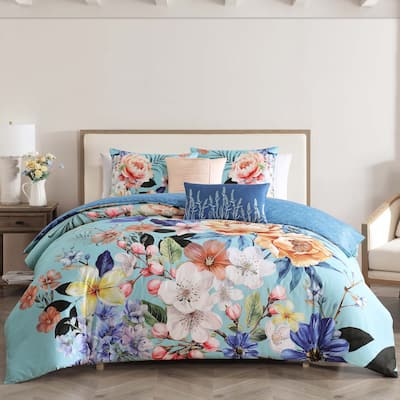 Bebejan Turquoise Reverie 100% Cotton Sateen 5 Piece Reversible Comforter Set
