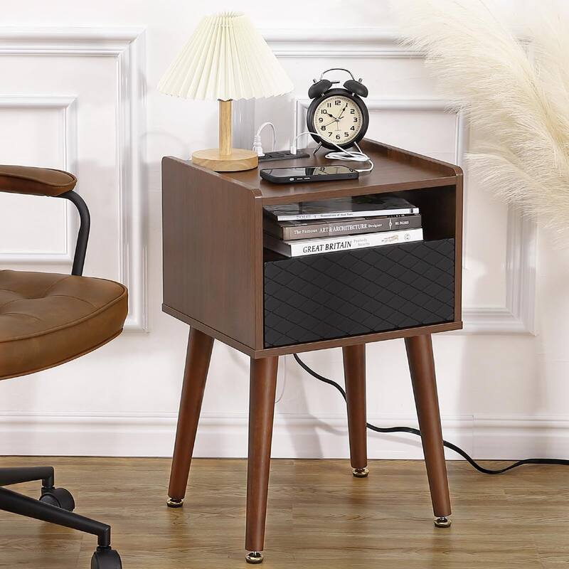 Mid Century Modern Nightstand with Charging Station and USB Ports, Night Stand with Drawers