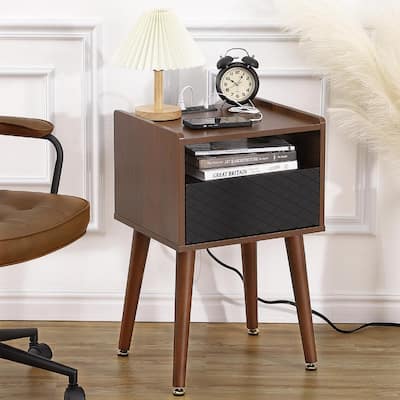 Mid Century Modern Nightstand with Charging Station and USB Ports, Night Stand with Drawers