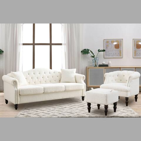 3+1 Combination of Chesterfield 3 Seater Sofa and Chair Modern White Teddy Upholstered Padded Seat with Two Pillows & Nailhead