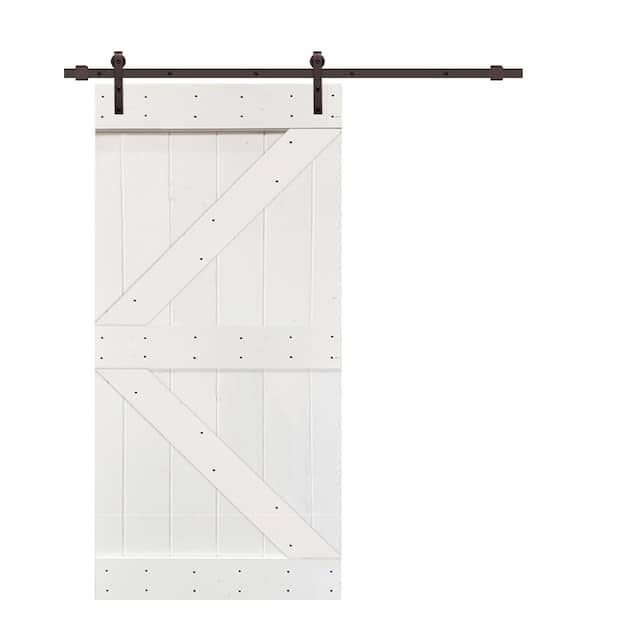 30 in x 84 in White Stained K Style Wood Barn Door w/ Sliding Hardware