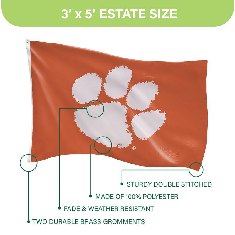Clemson University Single Sided Flag w/ 2 Grommets, 3'x5'