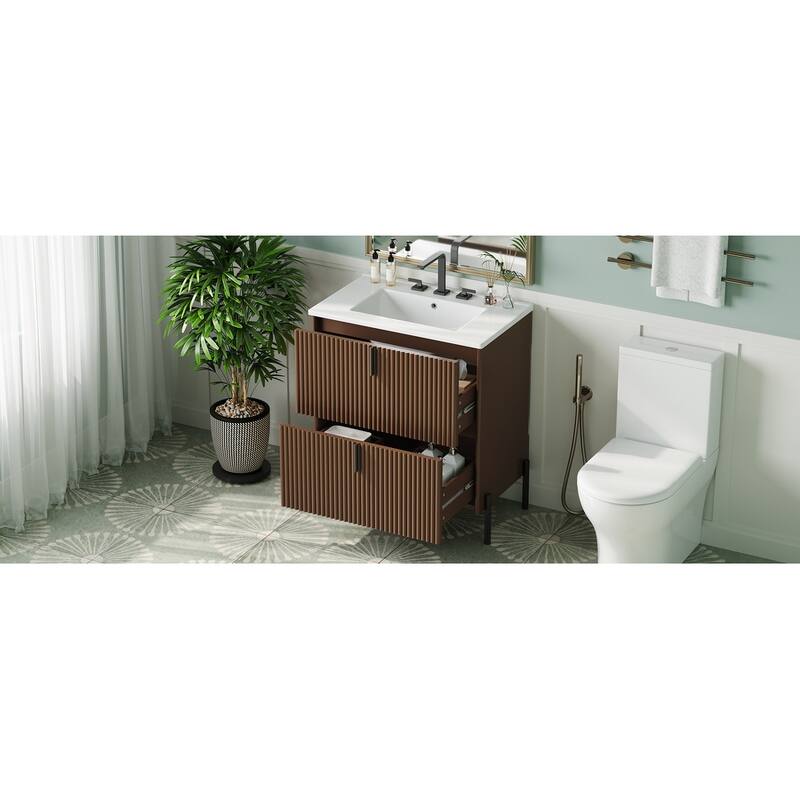 Bathroom Vanity with Ceramic Sink, Freestanding Bathroom Storage Cabinet, Fluted Bathroom Vanity with 2 Full-Extension Drawers