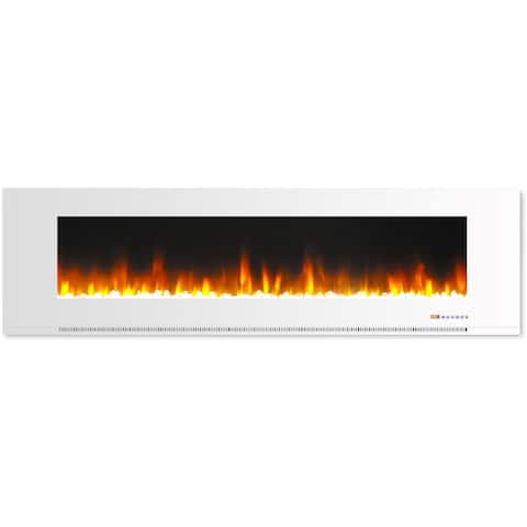 Hanover 72 In. Wall-Mount Electric Fireplace in White with Multi-Color Flames and Crystal Rock Display