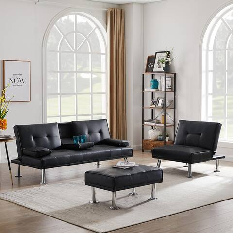 Modern Leather Futon Convertible Folding Sofa Bed with 2 Cup Holders, Removable Armrest and Metal Legs and Ottoman