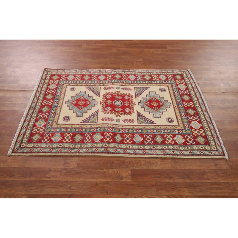Beige / Ivory Kazak Accent Rug Hand-Knotted Geometric Wool Carpet - 3'11" x 4'11"