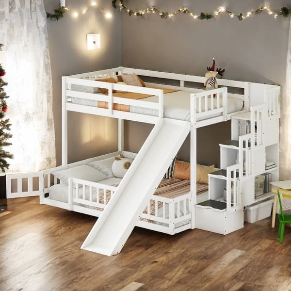 slide 2 of 40, Twin Over Full Bunk Bed with Slide,Storage Staircase White
