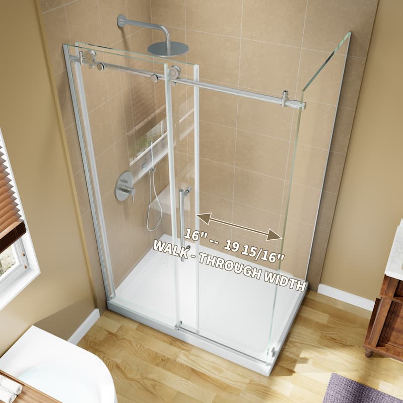Modland 44-48" x 72'' Semi-Frameless Sliding Shower Enclosure - 3/8" SGCC Glass, Matte Black/Brushed Nickel