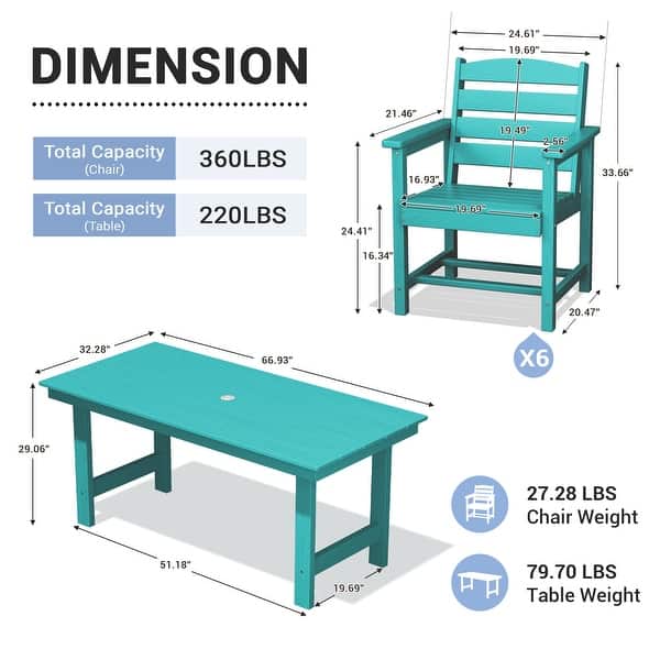 dimension image slide 2 of 6, 7-Piece HDPE Outdoor Dining Table Sets with Umbrella Hole - 1-Table 6-Chairs