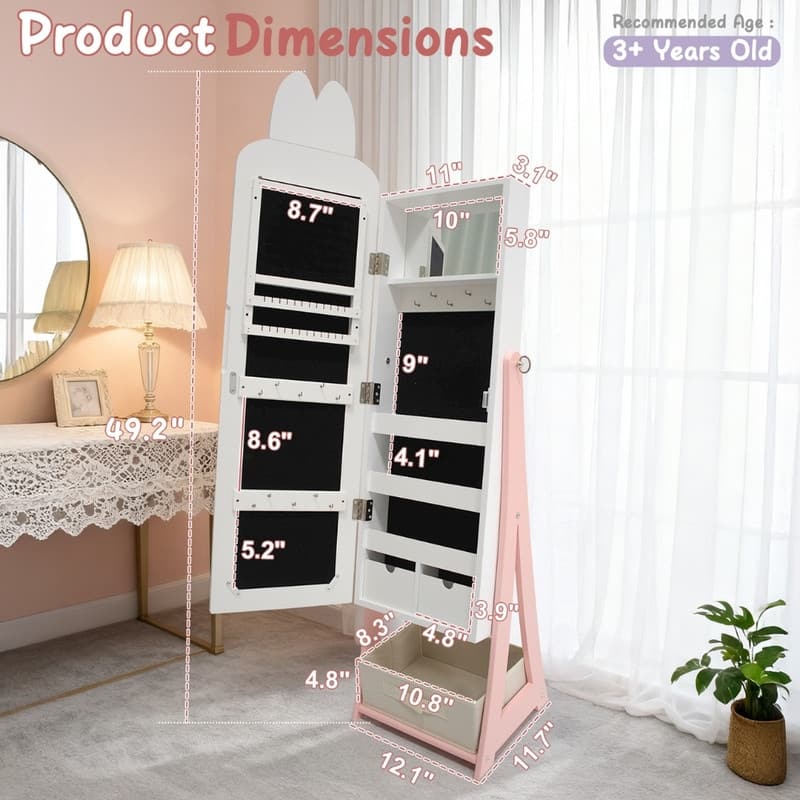 Kids MDF Bunny Jewelry Cabinet In Pink Jewelry Armoire With Mirror, 1 Door And 1 Fabric Drawer