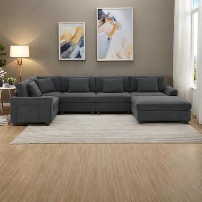 128" Chenille U-Shaped Sectional Sofa with Ottoman, 6-Seater Couch Set and Hidden Storage, USB Charging & Cup Holders