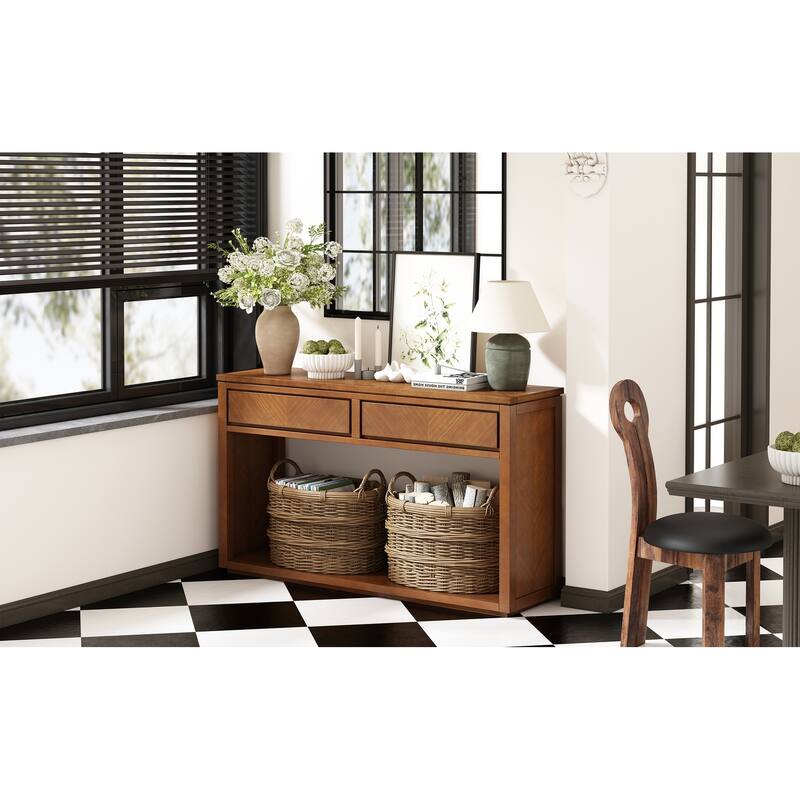 Rustic Wooden Console Table with Drawers and Shelf