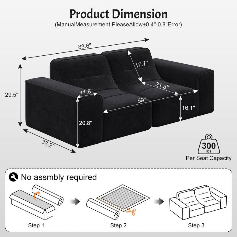 Modern Floor Sectional Sofa, 83.6" Chenille Loveseat Couch for Living Room, Tufted 2 Seater Upholstered Sofas with Deep Seat