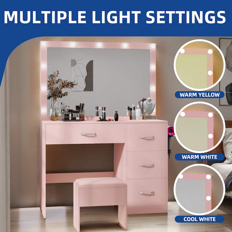 35.4" Mirror Makeup Vanity Table with Stool and Light Bulb - 35.4''L x 15.7''W x 53.5''H