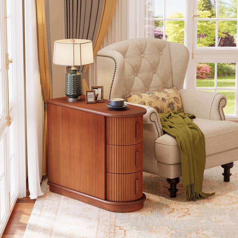Solid Wood End Table, 3-Drawer Modern Sofa Side Table for Living Room