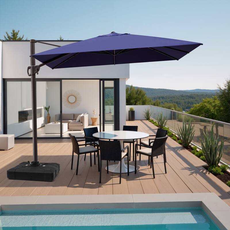 9 x 11 ft Patio Cantilever Offset Umbrella 360-degree Rotation with Base - Navy Blue