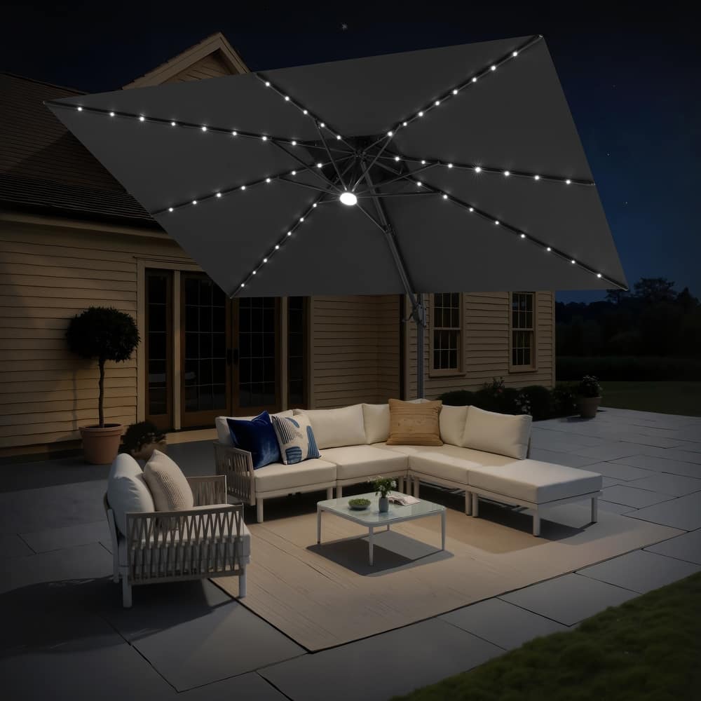 12 x 9 FT Outdoor Patio Cantilever Umbrella with Solar Lights Double Canopy 360 Rotation Tilt