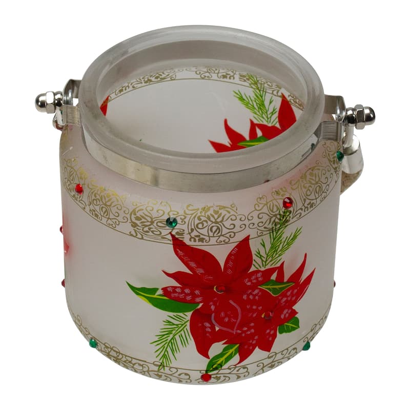 4" Hand-Painted Red Poinsettias and Gold Flameless Glass Christmas Candle Holder