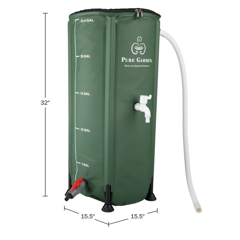 Rain Barrel - Collapsible Water Container for Catching Rainwater - Portable Water Tank with Outflow Valve by Pure Garden (Green)