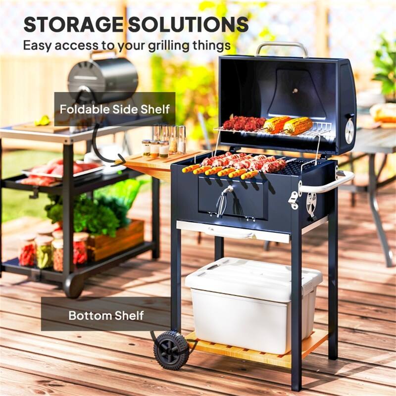 37-Inch Charcoal BBQ Grill with Folding Side Table Adjustable Pan and Thermometer Shelf - 37" W x 20.5" D x 42.1" H
