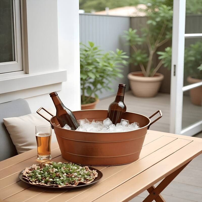 Thea Oval Shape Hammered texture Metal Tub with 2 Side Handles, Copper