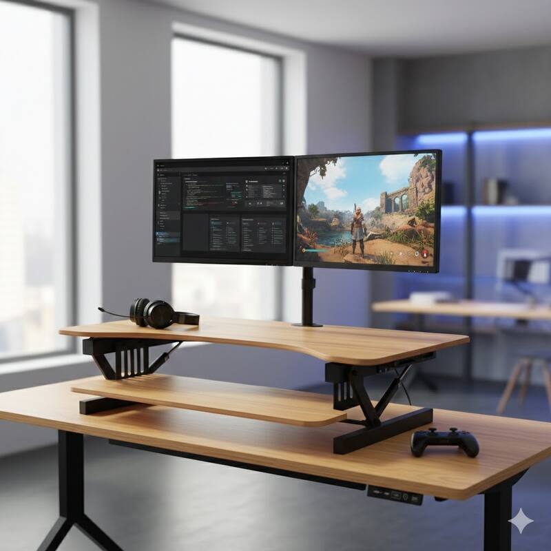 Rocelco 32 in. W Beige Height Adjustable Standing Desk Converter Dual Monitor Riser with Gas Spring Assist Mechanism