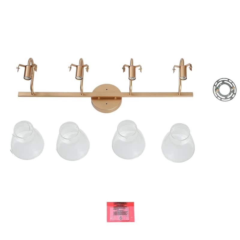 4-Light Mid-Century Modern Linear Gold Bathroom Vanity Light Glass Wall Sconces - 28.5" L x 9" W x 8" H