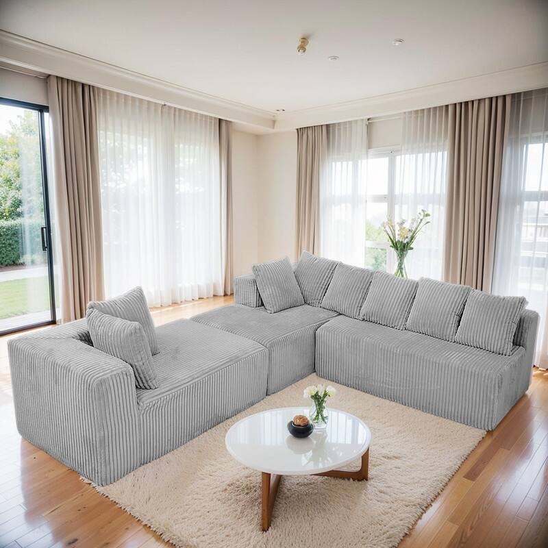 130" 4-Seater Reversible Modular U-Shaped Sofa in Gray Striped Corduroy – Customizable Layout for Living & Bedrooms