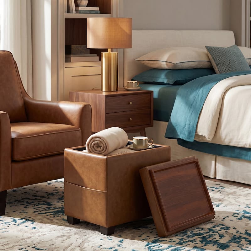 Adeco 16" W Upholstered Rectangle Storage Ottoman with Tray and Pocket