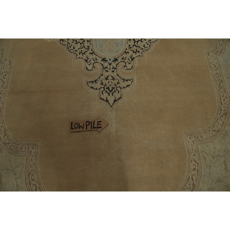 Hand Knotted Oriental 100% Wool Carpet Traditional Medallion Beige & Ivories Kerman Area Rug - 13' 8'' X 9' 9''