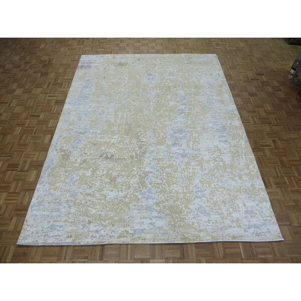 slide 1 of 12, Hand Knotted Ivory Modern with Wool & Silk Oriental Rug (9' x 11'11") - 9' x 11'11"