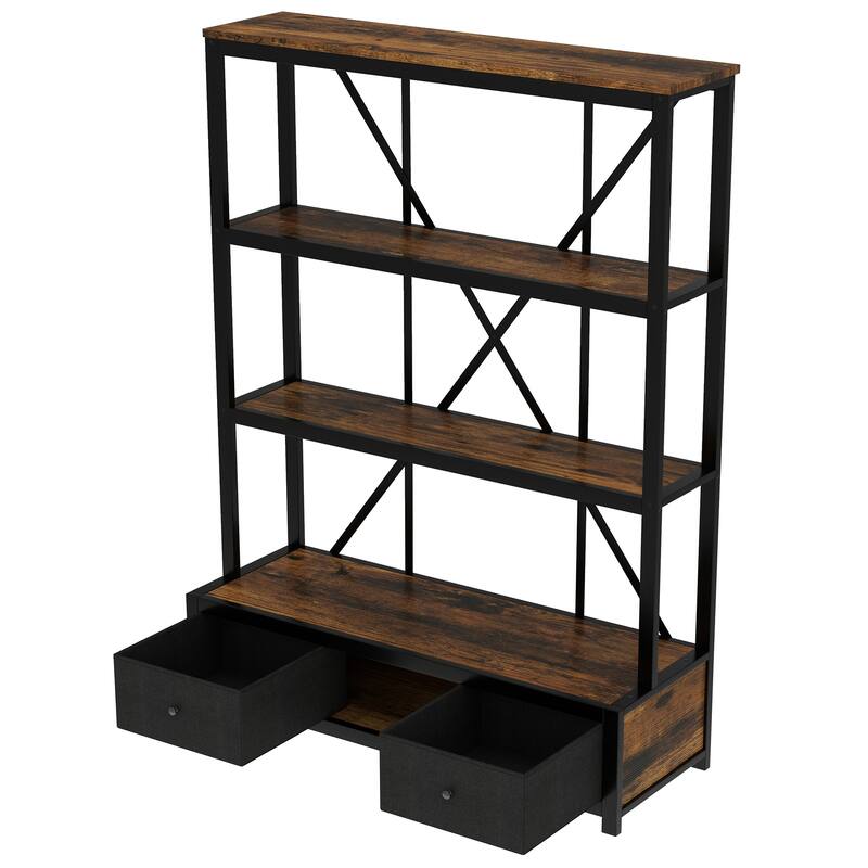 3-Shelf Metal Bookcase with Drawers for Home Office, Open Bookcase, Vintage Industrial Style Bookcase with LED
