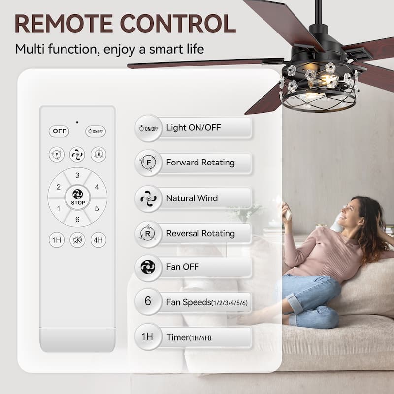 52" Reversible 5-Blade Farmhouse Glam Floral Glass Caged Ceiling Fan with Light and Remote