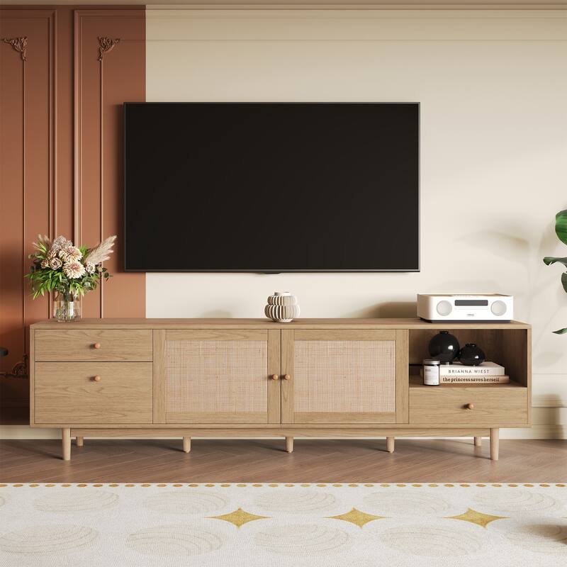 Boho TV Stand for 65-85" TVs, Entertainment Center with Rattan Details, Open Storage & Drawers, Modern Media Console