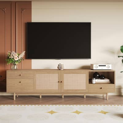 Boho TV Stand for 65-85" TVs, Entertainment Center with Rattan Details, Open Storage & Drawers, Modern Media Console
