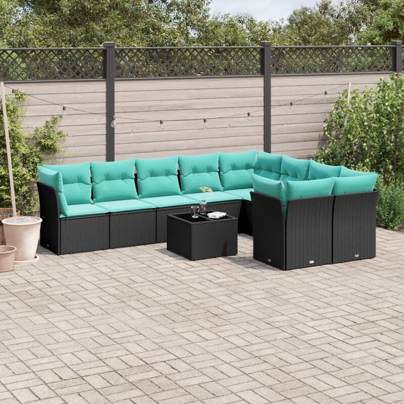 vidaXL 9/10 Piece Patio Sofa Set with Cushions Black/Brown/Gray Poly Rattan - 21.7 x 24.4 x 27.2 - Black and blue With table