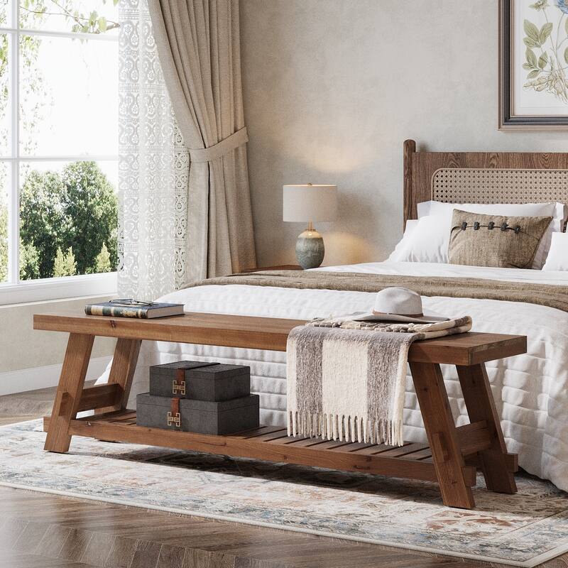 2 Tier Solid Wood Shoe Rack Bench for Entryway, 63 Inch Long Narrow Entryway Bench with Storage Shelf