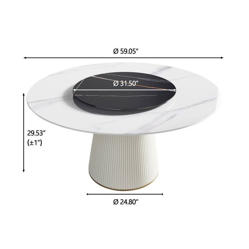 59'' Round Dining Table for 8, White Sintered Stone Tabletop with Lazy Susan - N/A
