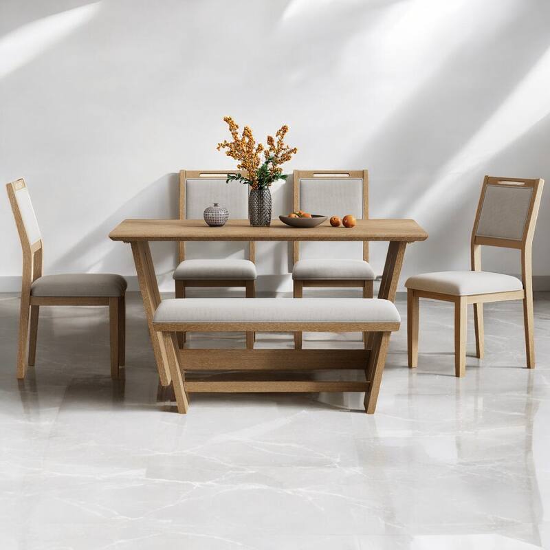 6-Piece Retro Dining Table Set for 6 with Chairs and Bench, Vintage Wood Kitchen Set for Dining Room, Trestle Base