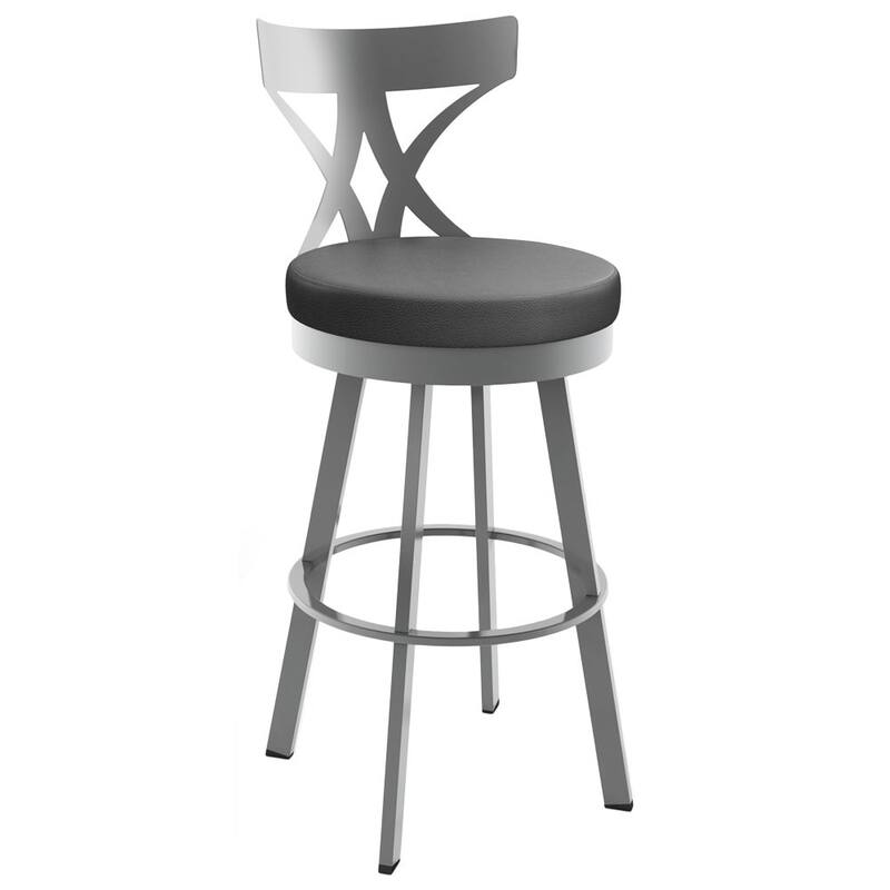 Amisco Washington Swivel Bar Stool - Charcoal Black-Brown Faux Leather/GlossyGrey Metal