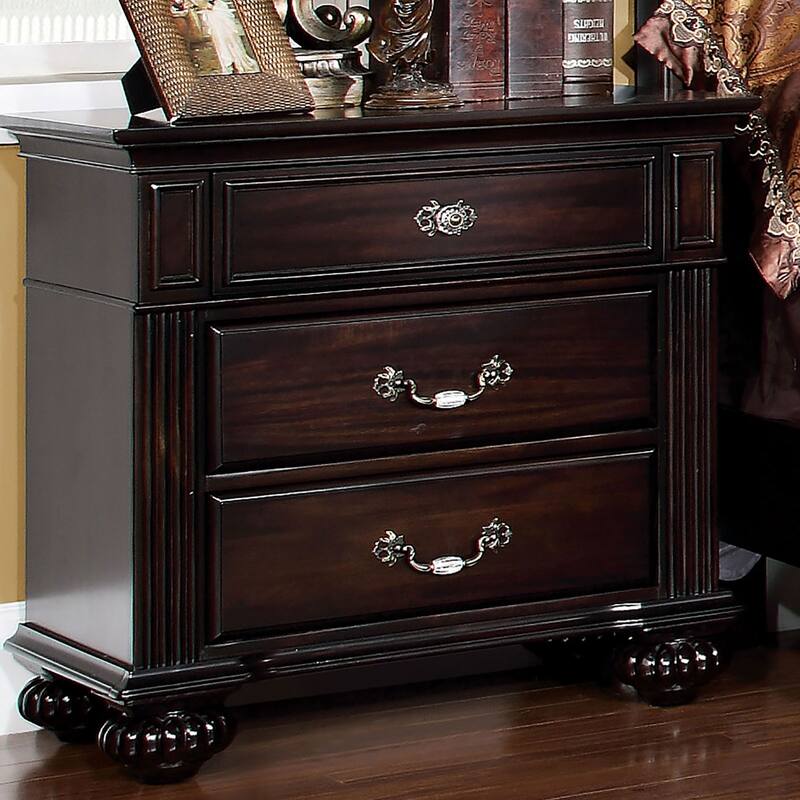 Traditional Dark Walnut 1pc Solid Wood Nightstand w/ 3 Drawers & Antique Brass Handles for Bedroom